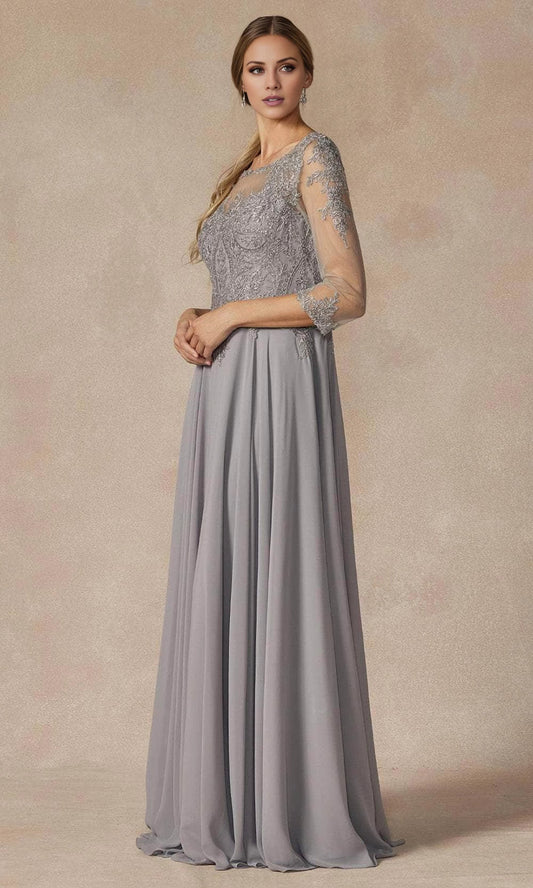 Illusion collar long sleeved lace and floor length mother of the bride dress