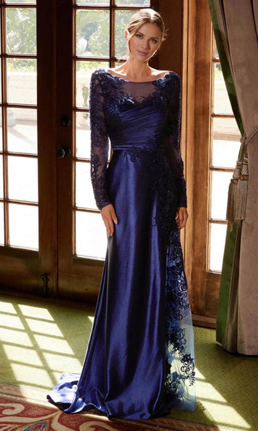 Illusion collar long sleeved lace sequin satin backless and floor length mother of the bride dress