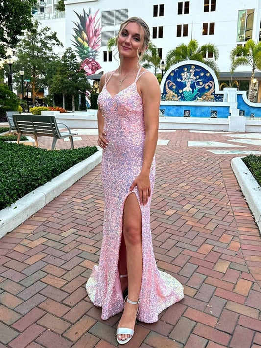 Iridescent Full Sequin Thin Spaghetti V-Neck Lace-Up Back High Slit Mermaid Sweep Train Evening Dresses