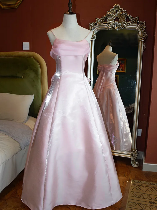 Iridescent organza A-line cowl-neck spaghetti-strap bow-back floor-length evening dresses
