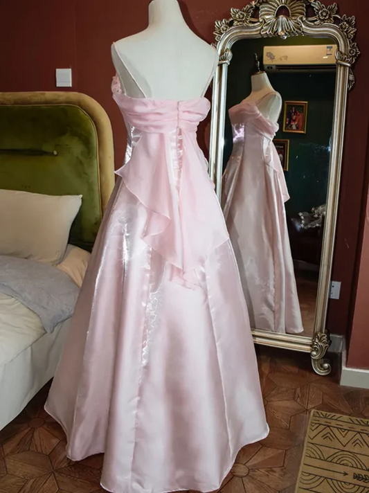 Iridescent organza A-line cowl-neck spaghetti-strap bow-back floor-length evening dresses