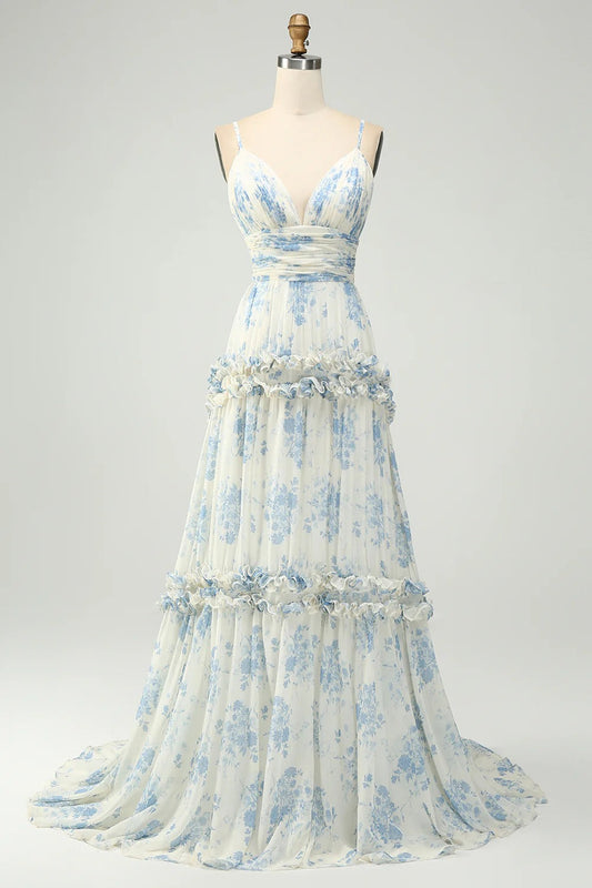 Ivory Blue Floral Ruffle Tiered Chiffon Gown with Open Back and Train
