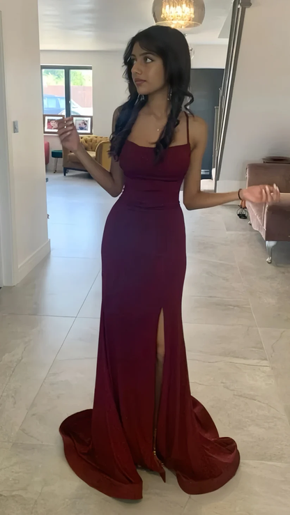 Shiny Burgundy Mermaid Split Prom Party Dress Long Evening Gown cc1825