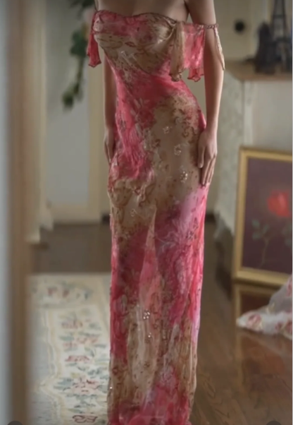 Pretty Spaghetti Straps Red Chiffon Printed Floral Beaded Mermaid Evening Dress Long Prom Gown