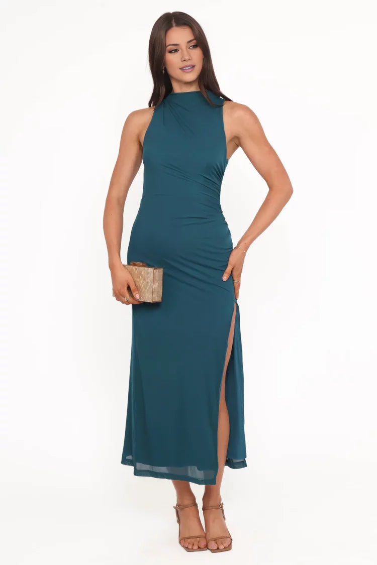 Jersey Halter-Neck Ruched Side High-Slit Midi-Length Evening Dress