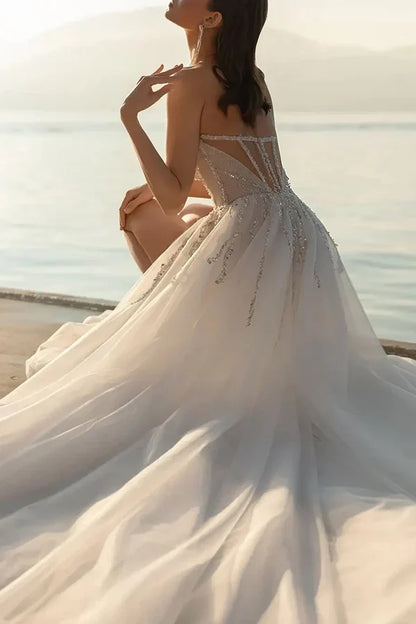 A Line Sweetheart Pearl sheer Bohemian wedding dress