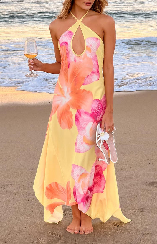 Keyhole Neckline Sleeveless Formal Dress with Asymmetrical Hem