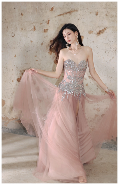 Pretty Pink Sweetheart Neck Tulle Sequin A Line Slit Long Evening Dress Party Gown