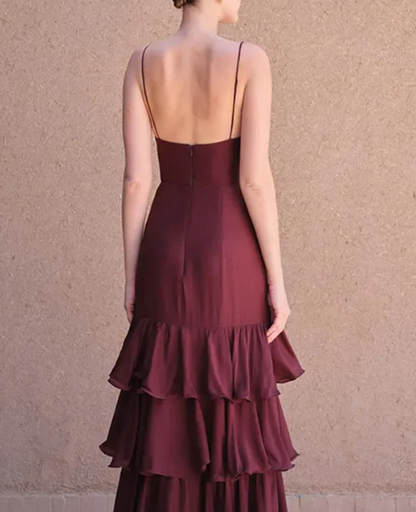 Classy Spaghetti Straps Burgundy Satin Layered Mermaid Evening Dress Long Wedding Guest Dress SP1304