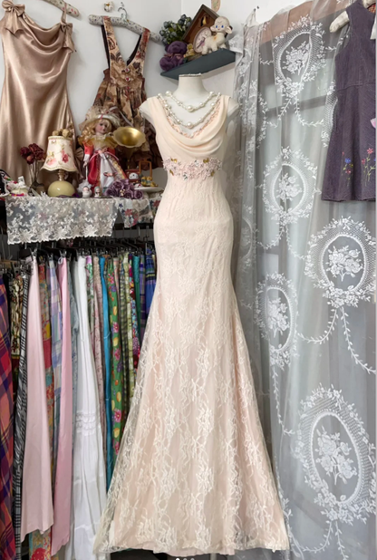 Pretty Light Pink Chiffon Lace Mermaid Evening Dress Backless Long Party Gown