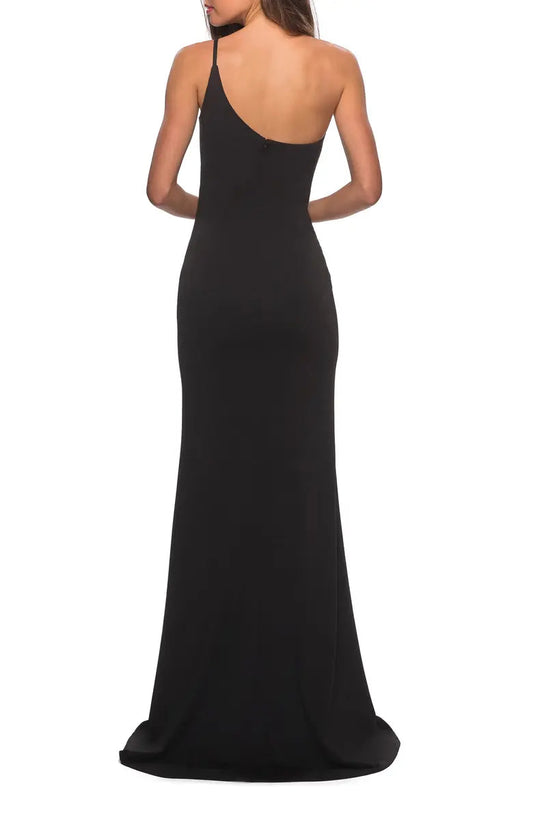 A noble one shoulder off the shoulder and floor length open back prom dress