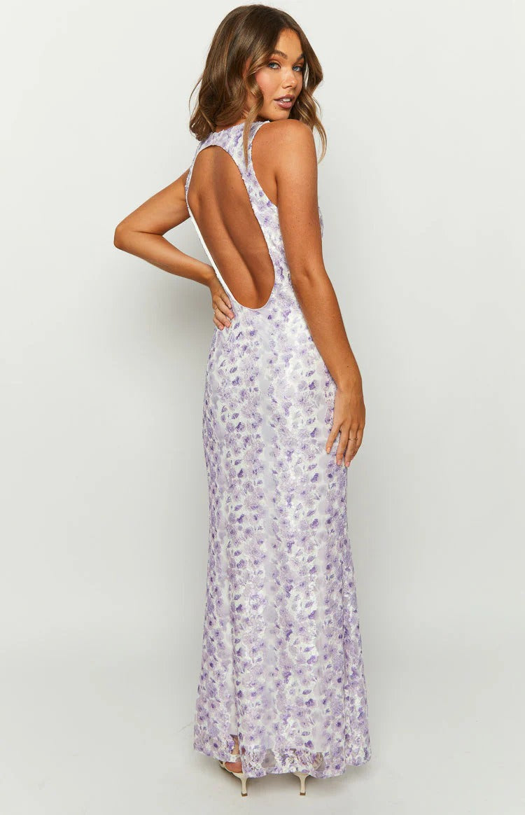 Lavender Floral Maxi Gown – V-Neck Open Back Sleeveless Formal Dress with Train
