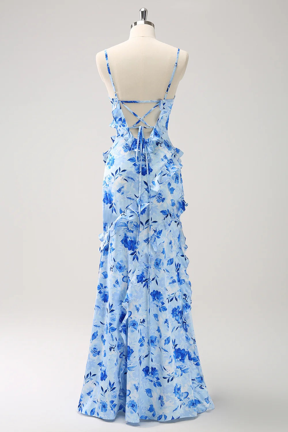 Light Blue Floral Ruffled Maxi Dress with Lace-Up Back and Thigh-High Slit