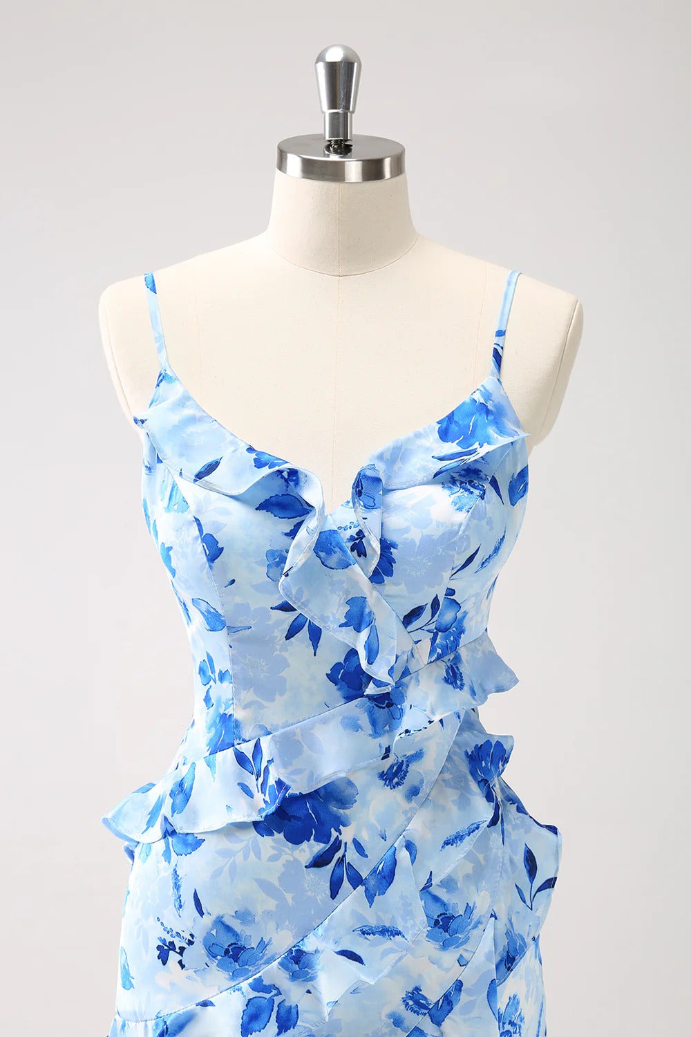 Light Blue Floral Ruffled Maxi Dress with Lace-Up Back and Thigh-High Slit