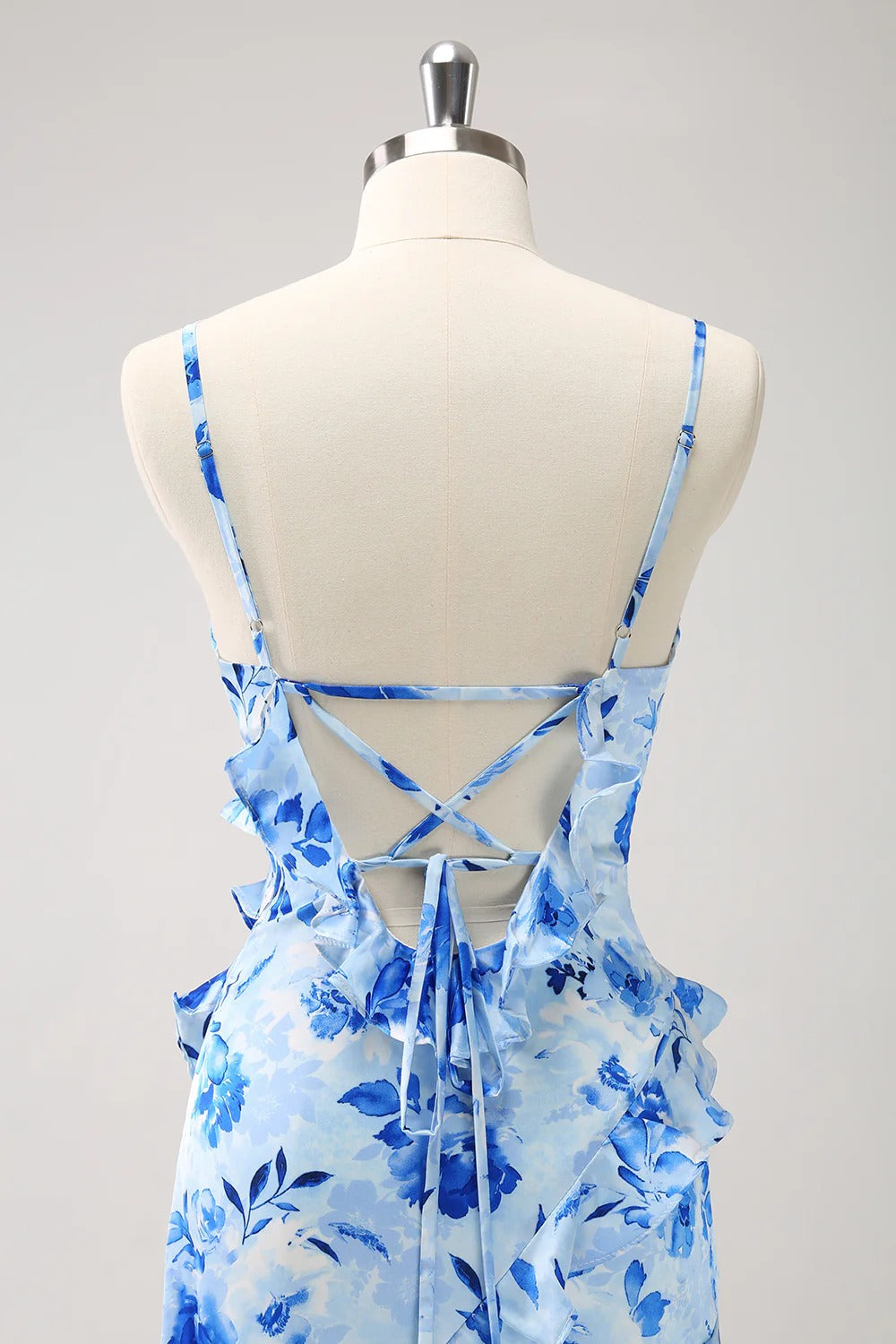 Light Blue Floral Ruffled Maxi Dress with Lace-Up Back and Thigh-High Slit