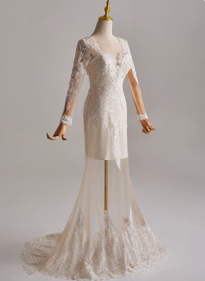 Elegant Long Sleeve Lace Mermaid Wedding Dress D3159