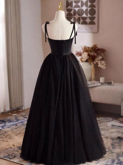 Elegant Prom Dress Black Spaghetti Straps Tulle Pleated Evening Dress Gala Gown      D3754