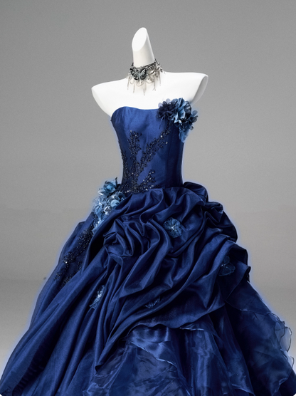 Gorgeous Prom Dress Dark Blue Strapless Pleated Ball Gown Quinceanera Dress Evening Dress     D3853