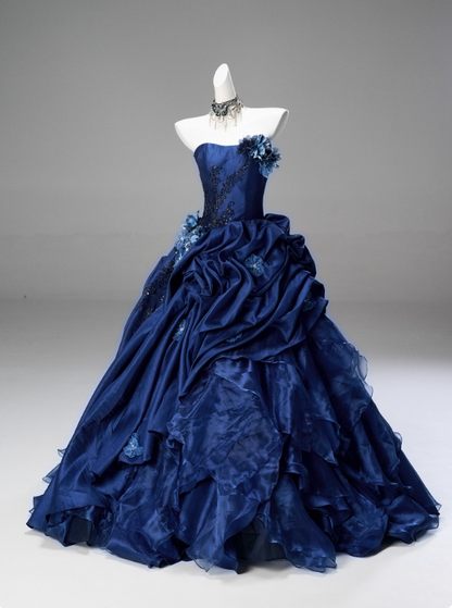 Gorgeous Prom Dress Dark Blue Strapless Pleated Ball Gown Quinceanera Dress Evening Dress     D3853