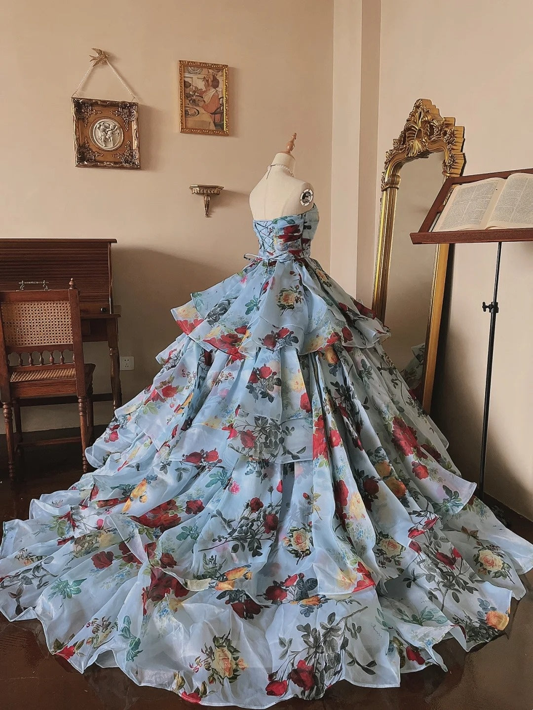 Elegant Prom Dress Strapless Print Tiered Evening Dress Quinceanera Dress Ball Gown      D4359