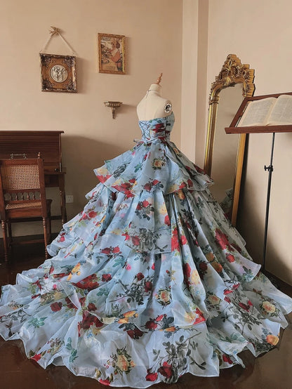 Elegant Prom Dress Strapless Print Tiered Evening Dress Quinceanera Dress Ball Gown      D4359