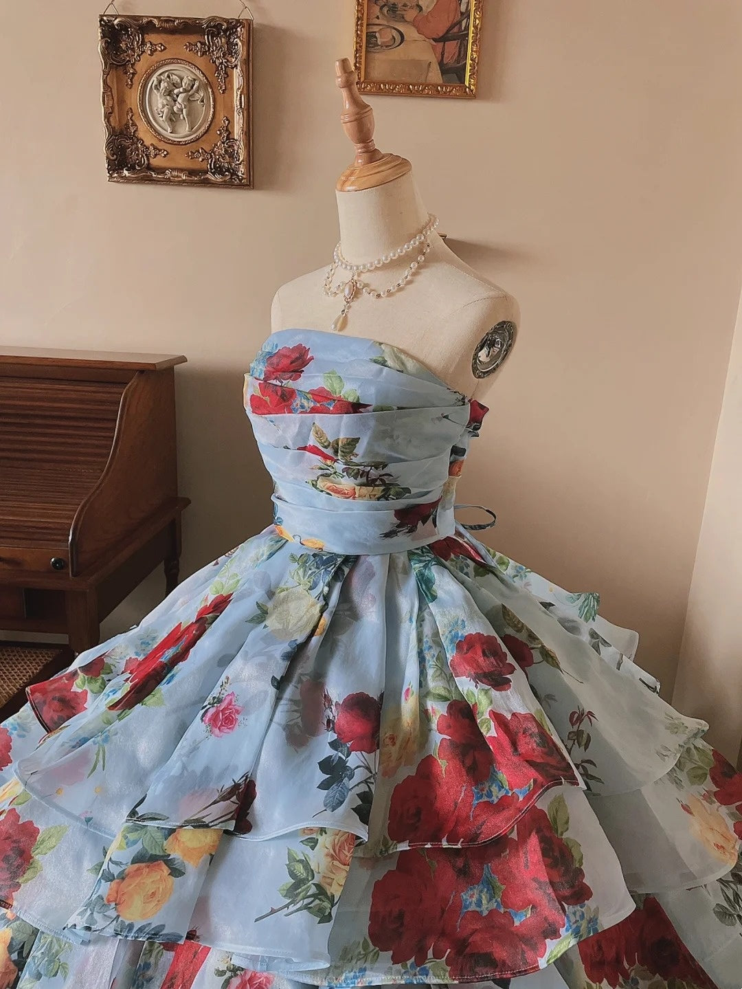 Elegant Prom Dress Strapless Print Tiered Evening Dress Quinceanera Dress Ball Gown      D4359