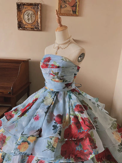 Elegant Prom Dress Strapless Print Tiered Evening Dress Quinceanera Dress Ball Gown      D4359