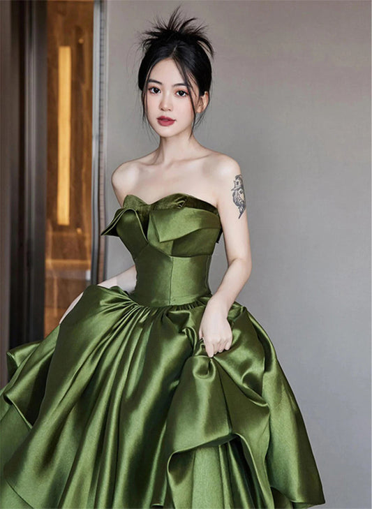 Green Sweetheart Satin Long Party Dress Evening Dress, Green Satin Prom Dress