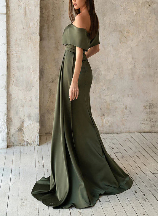 Horn/fishtail shoulder satin pleats mother of the bride dresses