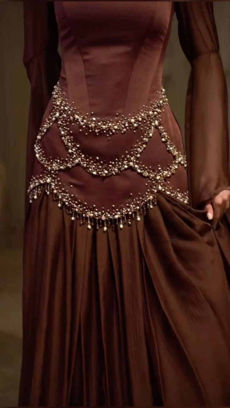 Vintage Square Neck Brown Satin Chiffon Beaded Mermaid Evening Dress Long Prom Gown