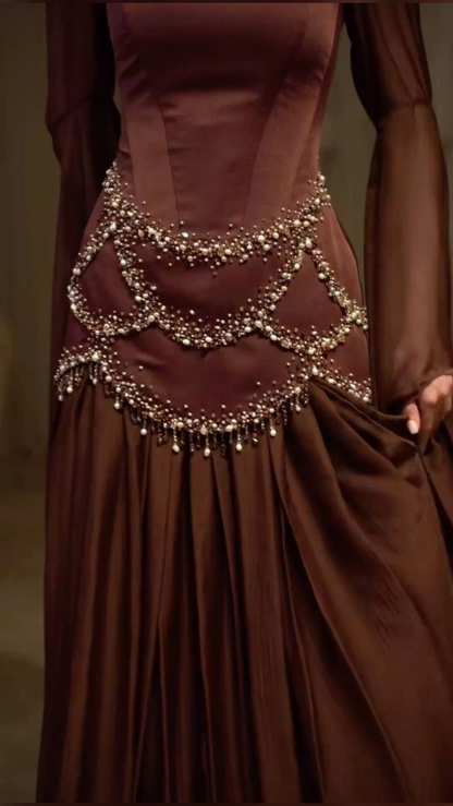 Vintage Square Neck Brown Satin Chiffon Beaded Mermaid Evening Dress Long Prom Gown