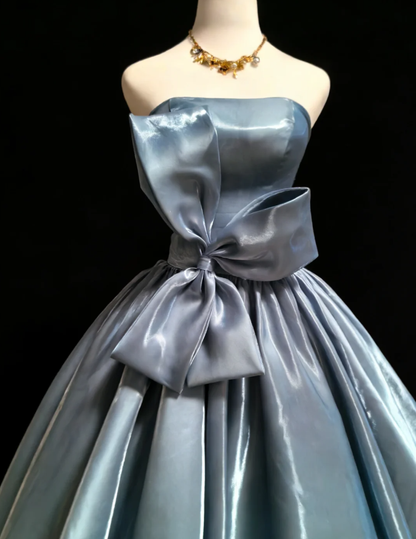 Cute Blue Strapless Bow Satin Ball Gown Formal Birthday Party Dress SP1585