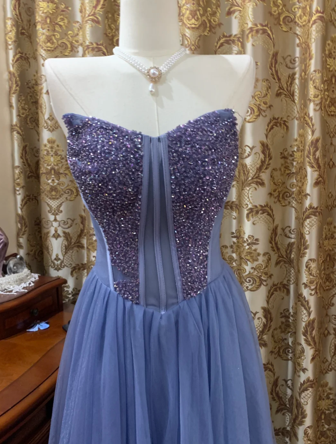 Classy Blue Strapless Tulle Sequin Beaded A Line Long Birthday Party Dress Evening Dress SP1610