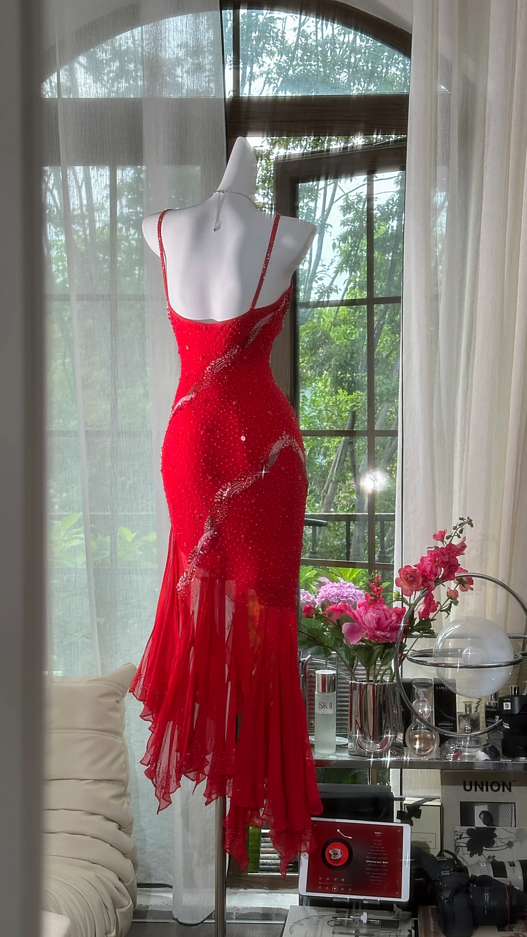 Charming Spaghetti Straps Red Chiffon Beaded Sheath Prom Dress Evening Gown
