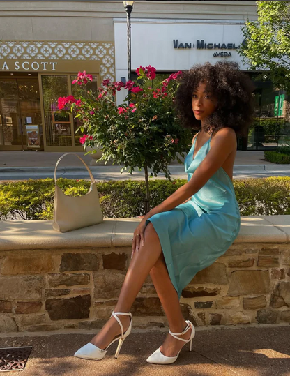 Midi Satin Cowl Neck Spaghetti Straps Open Back Slip Evening Dress