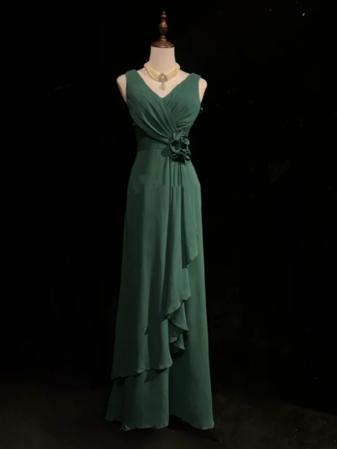 Vintage V Neck Dark Green Chiffon Long Wedding Guest Dress Formal Evening Dress Prom Gowns