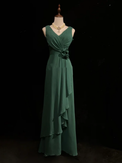 Vintage V Neck Dark Green Chiffon Long Wedding Guest Dress Formal Evening Dress Prom Gowns