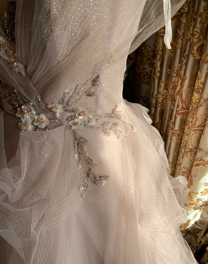 Charming Spaghetti Straps Light Pink V Neck Tulle Beaded Ball Gown Formal Long Birthday Party Dress