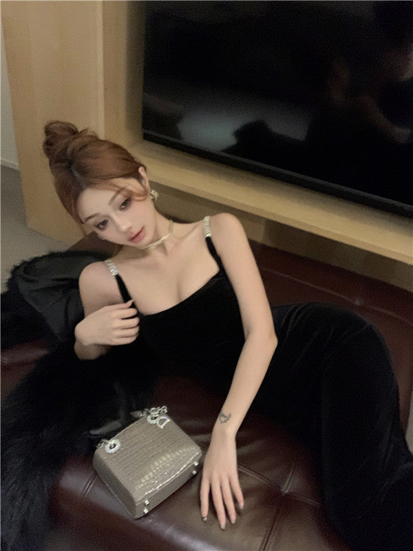 Square collar vest black velvet suspender dress 2025 temperament slim fit inner hip dress R1473