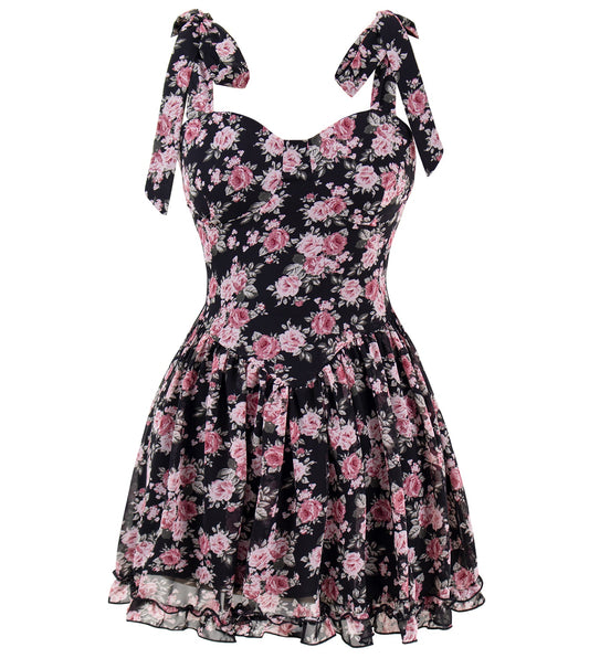2025 new floral dress women's bow waist tea break dress suspenders short skirt R0014