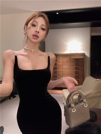 Square collar vest black velvet suspender dress 2025 temperament slim fit inner hip dress R1473