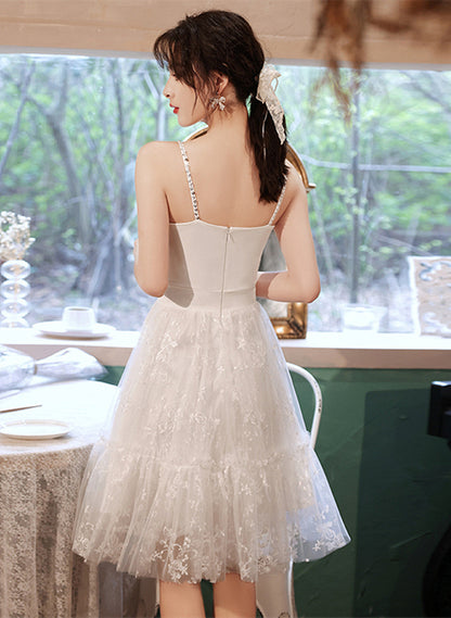 White Satin And Lace Straps Short Party Dress, White Lace Homecoming Dress