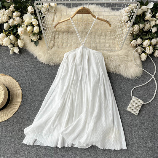 2025 summer new design niche sling holiday dress white beach dress halter dress R2299