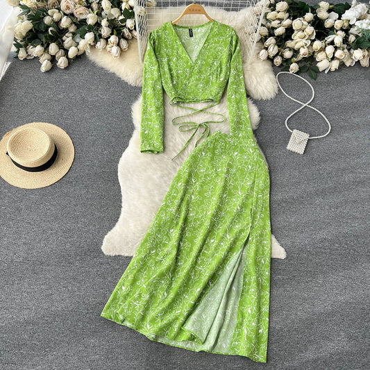Holiday style retro floral suit long-sleeved French slim V-neck top + split skirt two-piece suit R2271