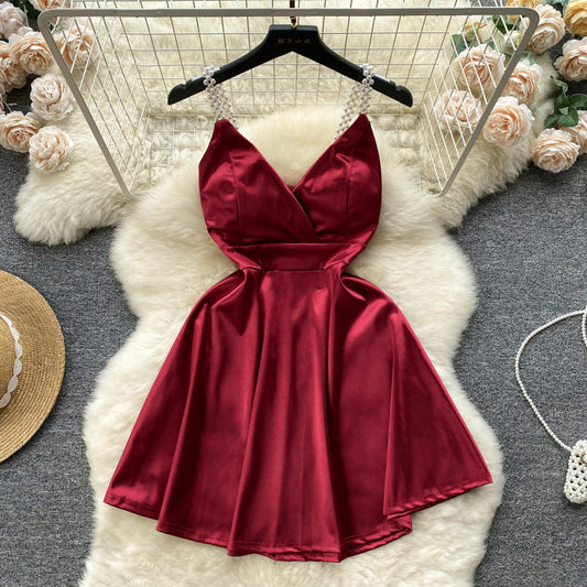 High-grade satin pearl suspender skirt new style niche waist V-neck sexy pure desire dress R2283