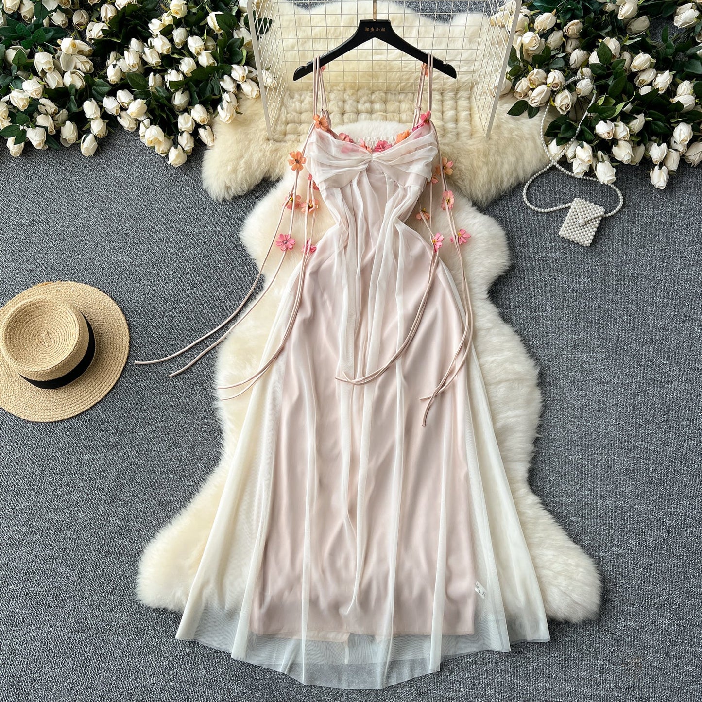 Holiday dress three-dimensional flower mesh high waist slim long skirt suspender skirt R2342