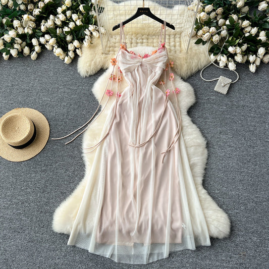 Holiday dress three-dimensional flower mesh high waist slim long skirt suspender skirt R2342