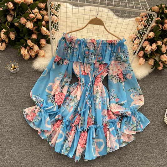 Holiday style jumpsuit with off-shoulder puff sleeves and slim fit short chiffon print dress pants R2324