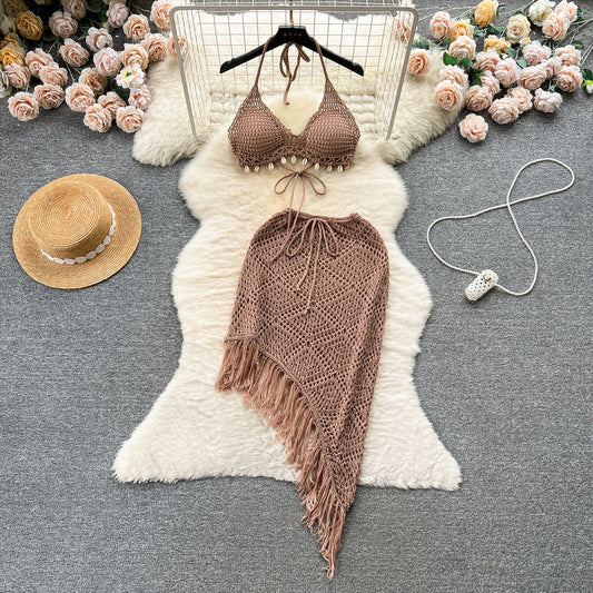 Holiday Style Suit Bikini Halter Vest Versatile Tassel Skirt Knitted Two-piece Suit R2315