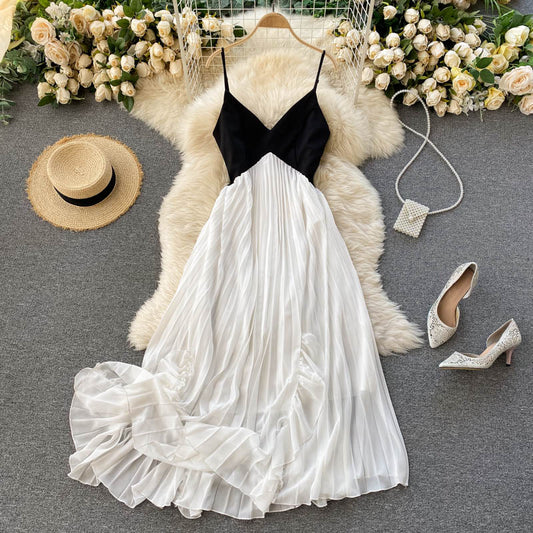 Holiday dress temperament V-neck contrast color stitching pleated big swing beach dress R2294